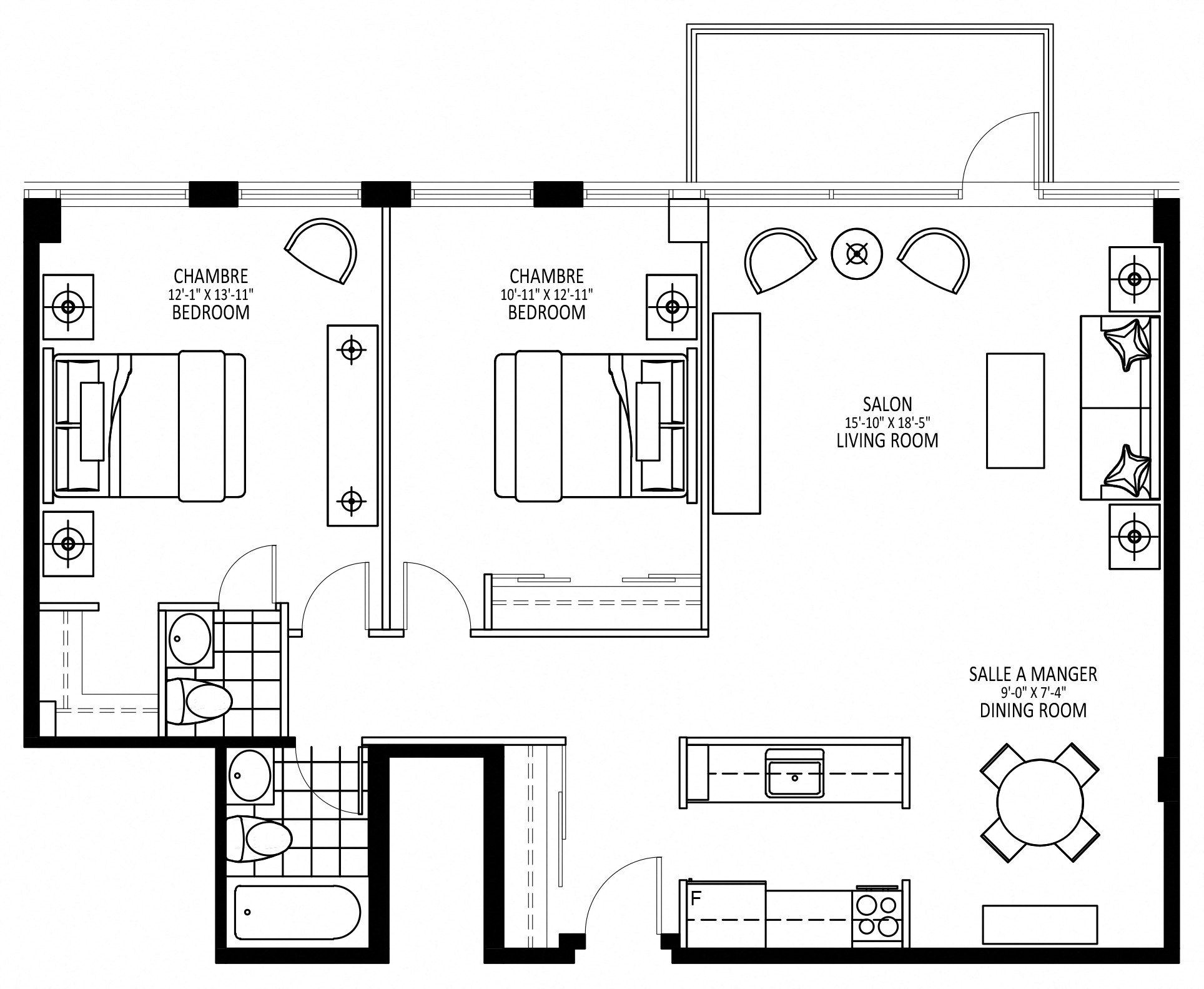 Floor plan for 2 beds, 1.5 baths, 1000 sqft